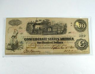 1862 Confederate Currency $100 Railway Train & Milkmaid T - 40 298 Bank Note Unc