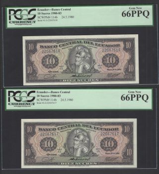 Ecuador 2 Notes 10 Sucres 24 - 5 - 1980 P114b Uncirculated Grade 66