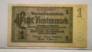 1937 Germany 1 Rentenmark Banknote,  Pick 173b,  High - Grade