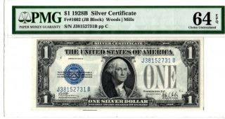 1928 B $1 Silver Certificate Pmg 64 Epq Fr 1602 Woods / Mills Ch Uncirculated