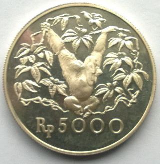 Indonesia 1974 Orangutan 5000 Rupiah Silver Coin,  Proof