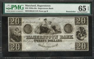 $20.  00 Hagerstown Bank (md) Remainder - Pmg Gem Uncirculated 65 Epq