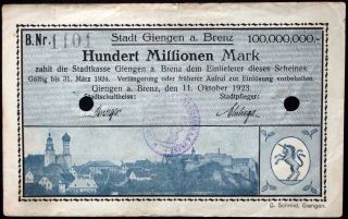 Giengen 1923 100 Million Mark Inflation Notgeld German Banknote