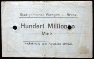 GIENGEN 1923 100 Million Mark Inflation Notgeld German Banknote 2