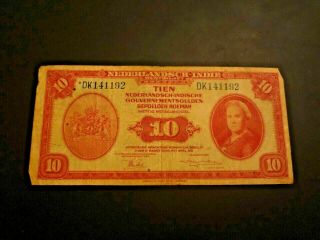 Rare Netherlands Indies (Indonesia) 1943 10 Gulden banknote 3