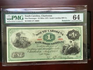 1873 $1 The South Carolina Rail Road Company " Fare Ticket " Note W/ Train Pmg 64