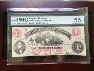 1862 $1 Virginia Treasury Note Richmond Va Pmg 55 Obsolete Note