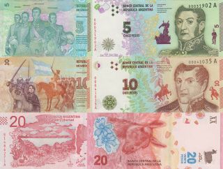 Argentina 3 Note Set: 5,  10 & 20 Pesos (2015 - 17) - P359,  P360 & P361 Unc
