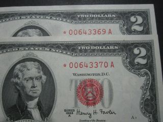 1963a $2 Star Note Red Seal Unc Consecutive Legal Tender Star Notes 69 - 70