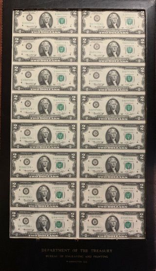1976 $2 Two Dollar Star Note Uncut Sheet 16 Bills Department Of The Treasury