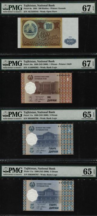 Tt Pk 6a,  10a,  11a,  Tajikistan 1 & 5 Diram 100 Rubles Pmg 67q & 65q Set Of Four