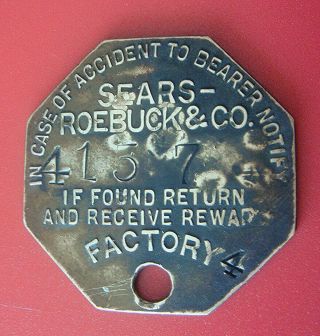 Vintage Brass Tool Check Tag: Sears Roebuck & Co; Factory 4