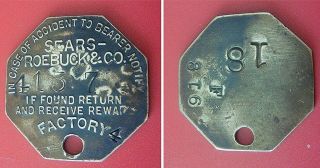Vintage Brass Tool Check Tag: SEARS ROEBUCK & CO; Factory 4 2