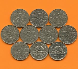 10 Canada 5 Cent Coins 1929 1930 1931 1932 1933 1934 1935 1936 1947 1950