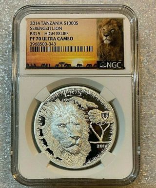 2014 Tanzania Big 5 Serengeti Lion 1000 Shillings Silver Coin Ngc Pf70 Ucam