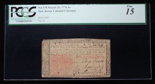 Jersey.  March 25,  1776.  6 Shillings.  Pcgs Currency F15