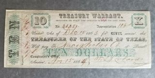 1863 State Of Texas $10 Treasury Warrant For Civil Service