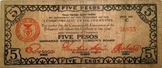 1943 Philippines 5 Pesos Banknote,  Mindanao Emergency Issue Wwii,  P - S487c,  Vf,