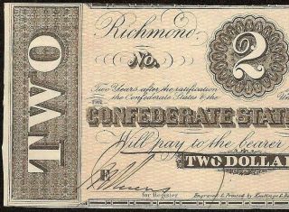 Unc 1864 $2 Dollar Bill Confederate States Note Currcency Civil War Money T - 70