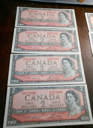 1954 Canada/canadian Set Of4 Consecutive 2 Dollar Bank Notes Unc