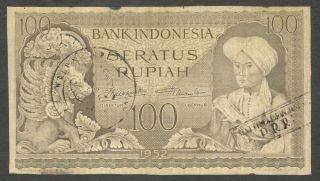 Indonesia 100 Rupiah 1952 Counterstamped Prri Rebellion Vf