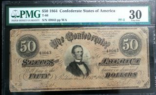 T - 66 $50 1864 Confederate Currency Csa Pmg 30 Very Fine Pf - 5