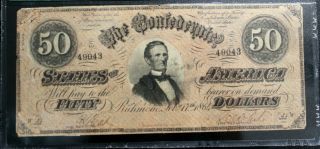 T - 66 $50 1864 CONFEDERATE CURRENCY CSA PMG 30 VERY FINE PF - 5 3