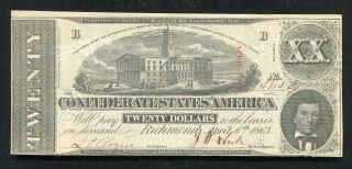 T - 58 1863 $20 Twenty Dollars Csa Confederate States Of America Extremely Fine