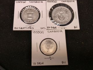 1959 Cambodia 10,  20,  & 50 Sen Centimes Coins 3 X Coin (s) Uncirculated