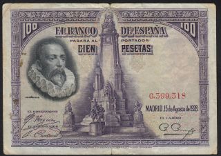 1928 100 Pesetas Spain Vintage Paper Money Rare Old Banknote Currency P 76a Vf