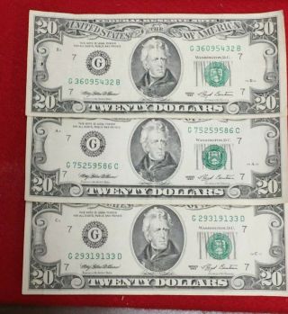Old Us Paper Money 3 - Twenty Dollar Bills.  Federal Reserve 7 - Chicago