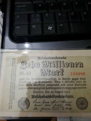 1923 Zehn Millionen Mark Banknote 10 Million Mark German Reichsbanknote Berlin