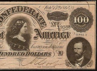 1864 $100 Dollar Bill Confederate States Currency Civil War Note Paper Money Au