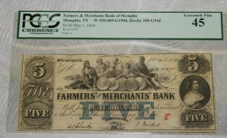 1854 $5 Dollars Farmers And Merchants Bank Note Memphis Tn Pcgs Ef 45 Extr Fine