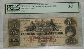 1854 $5 Dollars Farmers And Merchants Bank Note Memphis Tn Pcgs Vf 30 Very Fine