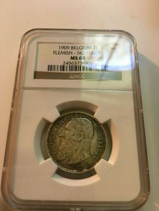 Belgium 1909 Silver 2 Francs Flemish Ngc Ms 64