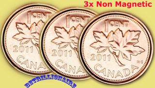 2011 Canada,  3x 1 Cent Canadian Penny,  Zinc Non Magnetic.  Unc.  One Cent.