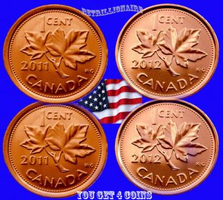 2011 & 2012 Canada,  4x 1 Cent Canadian Penny,  Magnetic & Non Magnetic Unc.  One ¢