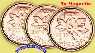 2011 Canada,  3x 1 Cent Canadian Penny,  Magnetic.  Unc.  One Cent.