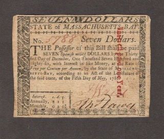 Massachusetts $7.  00 Colonial Note,  5/8/1780,  Ma - 283,  Vf