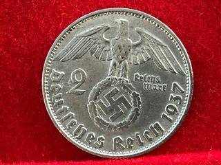 2 Reichsmark 1937 D With Nazi Coin Swastika Silver Brilliant
