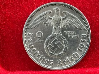 2 Reichsmark 1938 D With Nazi Coin Swastika Silver Brilliant