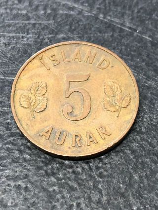 Vintage 1959 Iceland Island Aurar 5 Coin
