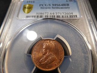 Q142 British Straits Settlements 1916 1/4 Cent Pcgs Ms - 64 Red Brown