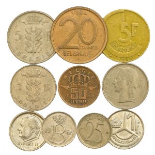 10 Belgium Coins 25 Centimes - 20 Francs Belgique Belgie Collectible Coins Set