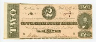 1864 T - 70 $2 The Confederate States Of America Note - Civil War Era Au