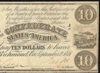 1861 $10 RICHMOND VA 1863 STAMP CONFEDERATE STATES CURRENCY CIVIL WAR NOTE T - 28 3