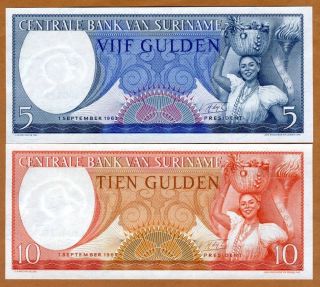 Set Suriname / Surinam,  5;10 Gulden 1963,  P - 120 - 121 Unc