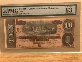 1864 Confederate States Of America $10 Note Pmg 63 Choice Uncirculated Epq