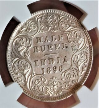 British India,  1896,  1/2 Rupee,  Ngc Aunc Details,  Qv Silver Coin,  Km 491.